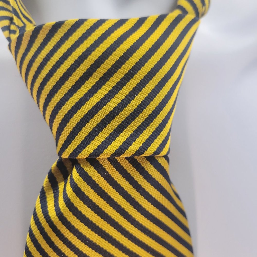 VINTAGE JACOBSON TIE 100% POLYESTER NECKTIE GOLD & BLACK STRIPED WITH ROSE